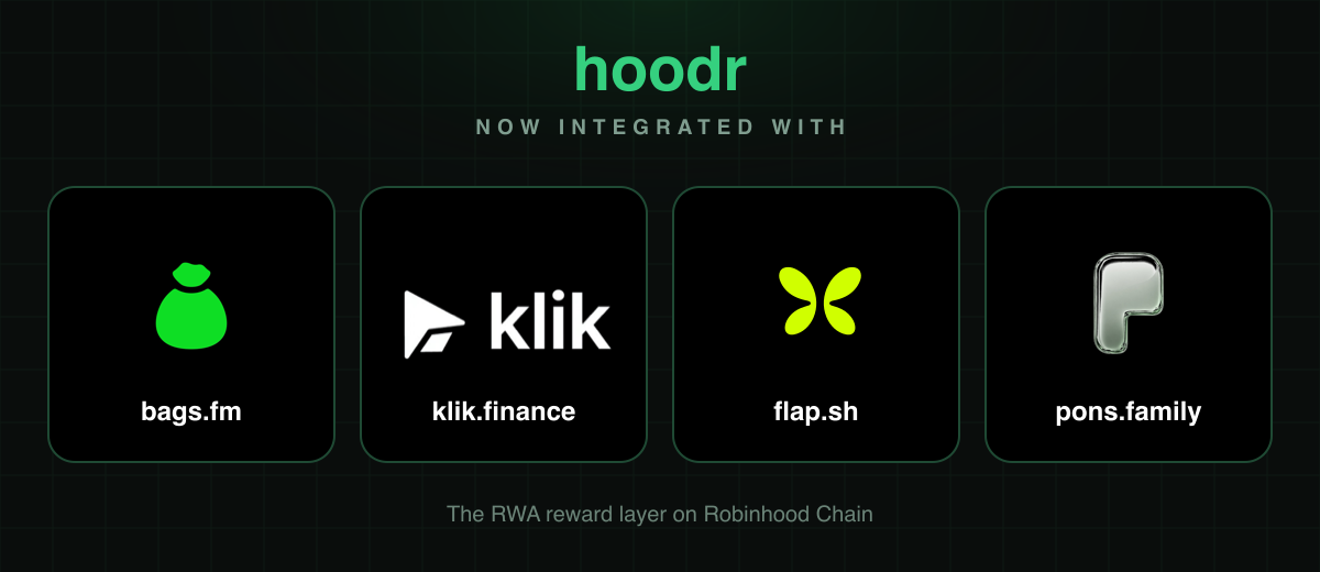 Launchpads hoodr integrates with: bags.fm, flap.sh, klik, pons.family